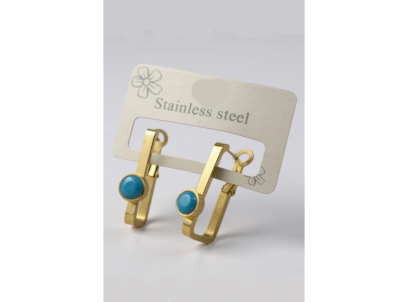 Altın Renk Mavi Taş Detaylı Çelik Küpe (Çift)