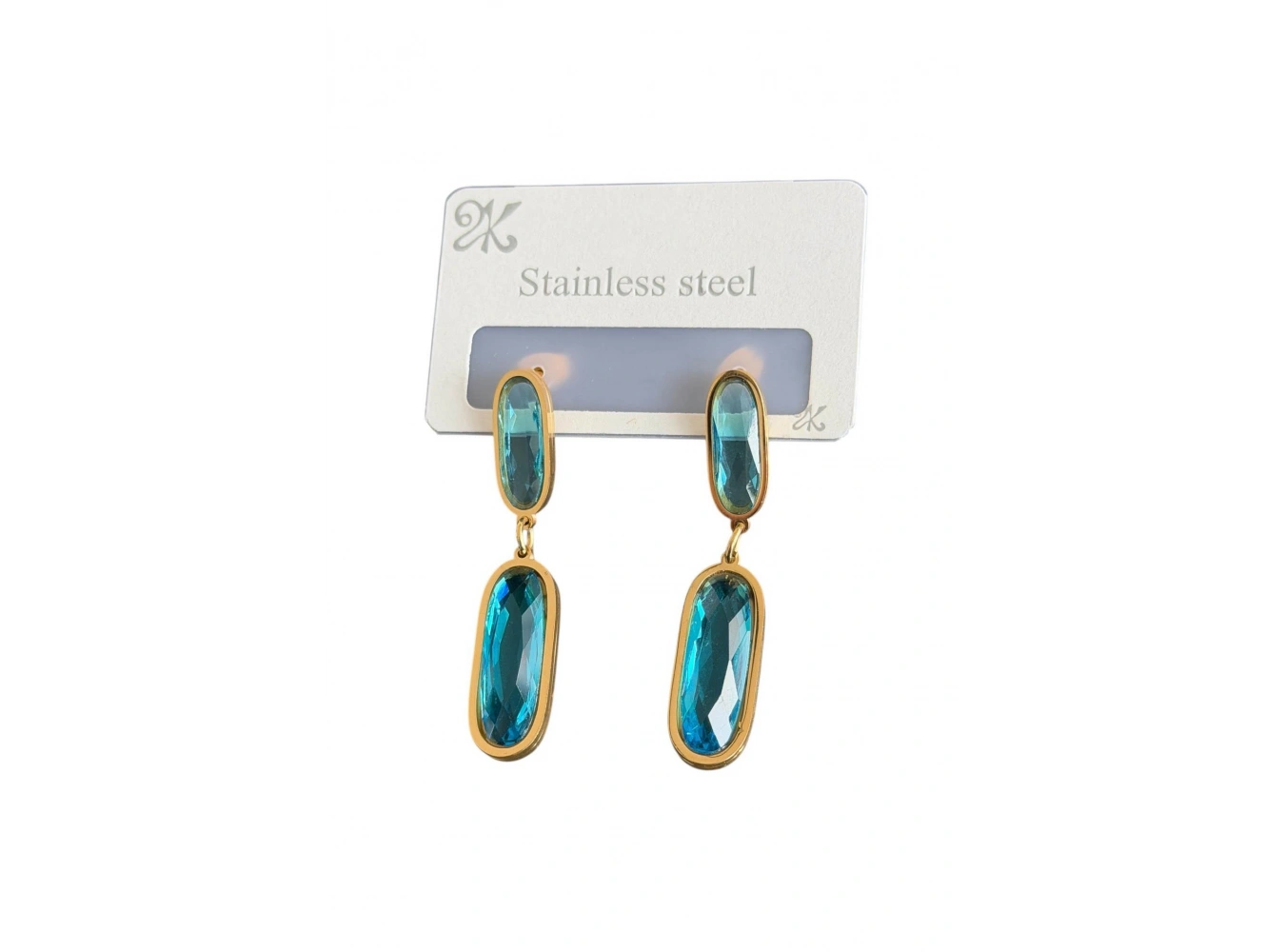 Altın Renk Mavi Taş Detaylı Çelik Küpe (Çift)