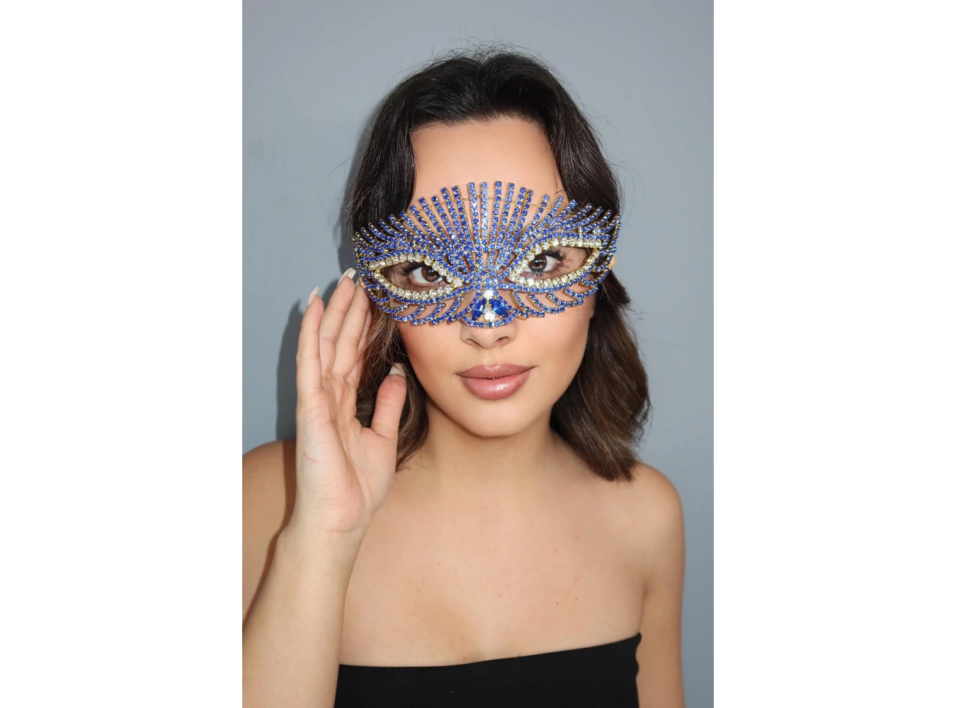 Altın Renk Mavi Taş Detaylı Tasarım Parti Maskesi