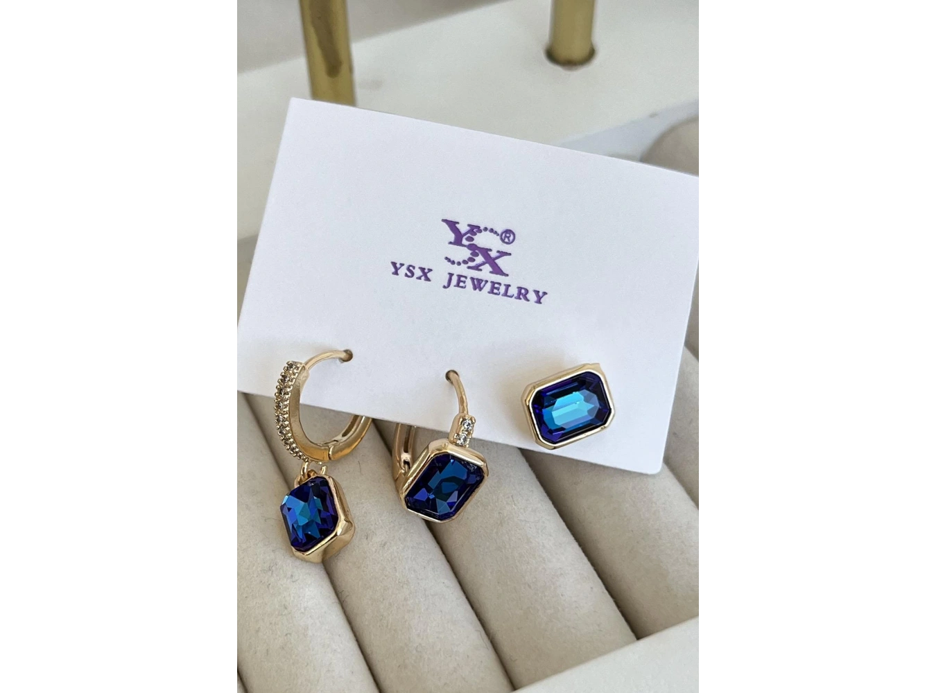 Altın Renk Mavi Taş Detaylı VİP 3lü YSX Küpe Set