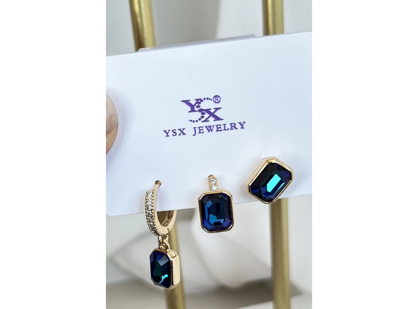 Altın Renk Mavi Taş Detaylı VİP 3lü YSX Küpe Set