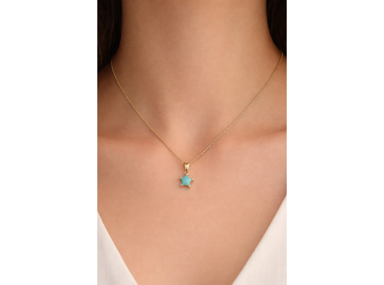 Altın Renk Mavi Yıldız Figürlü Taş Detaylı Çelik Kolye