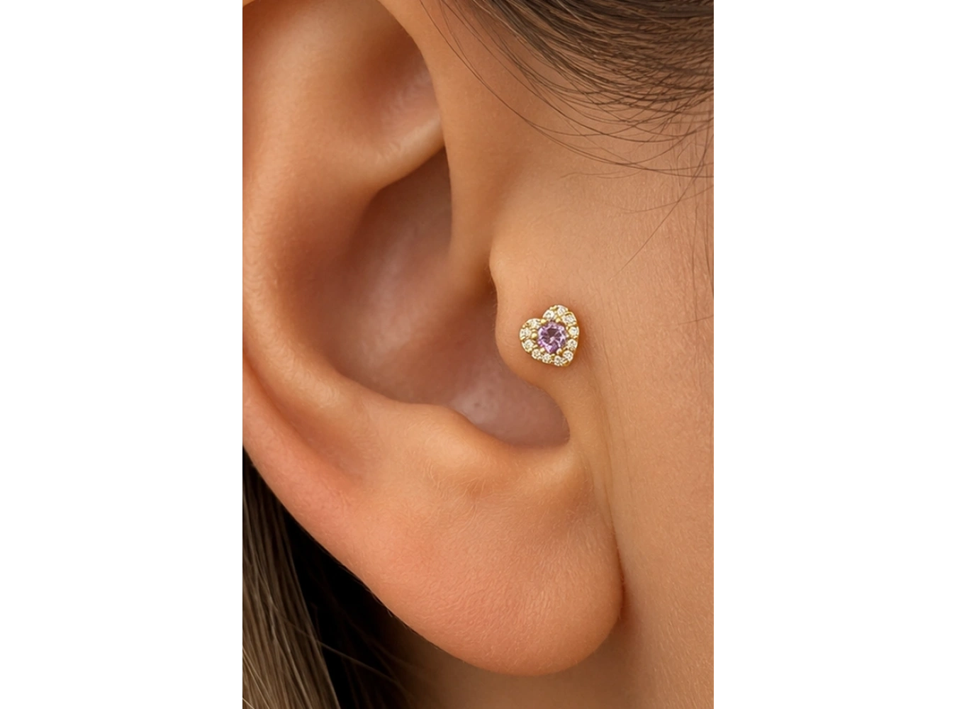 Altın Renk Mor Kalp Detaylı Cerrahi Çelik Tragus/Kıkırdak Küpe/Piercing (Tek)