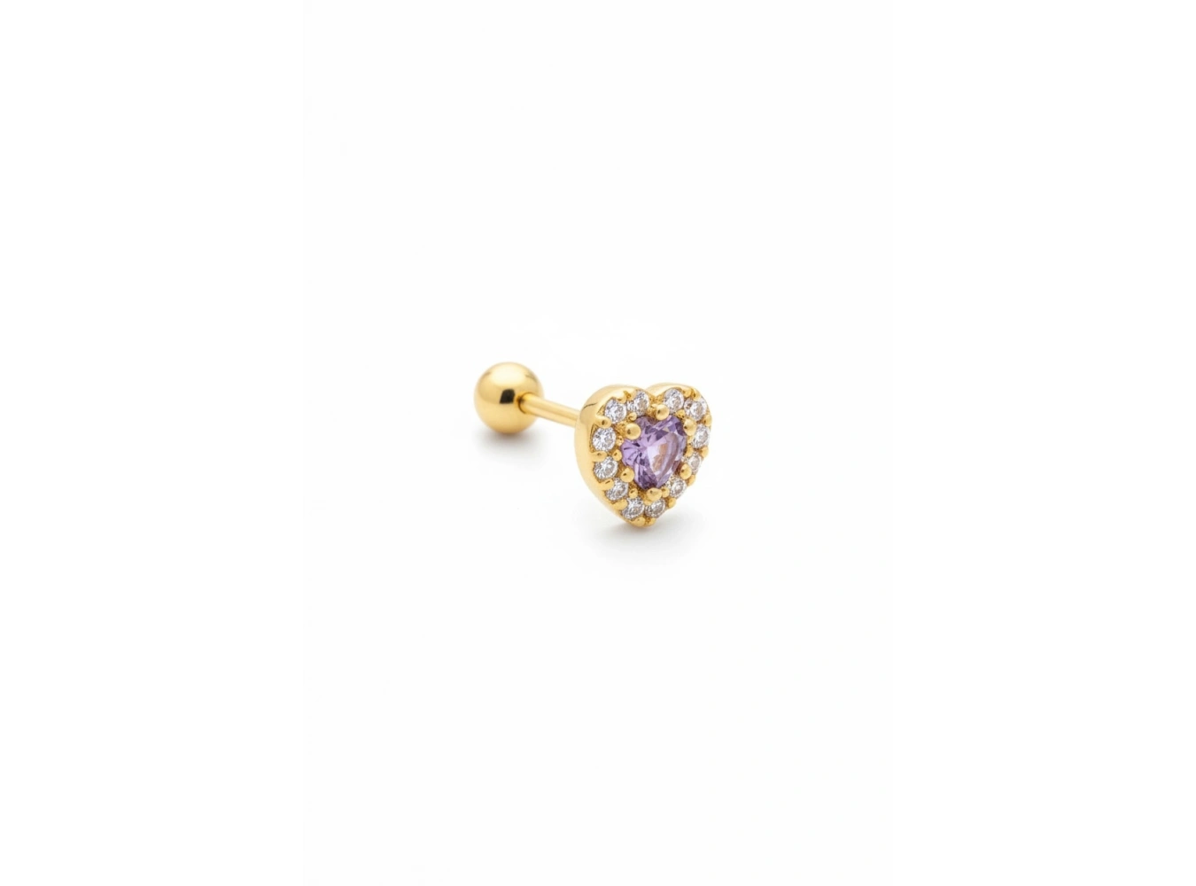 Altın Renk Mor Kalp Detaylı Cerrahi Çelik Tragus/Kıkırdak Küpe/Piercing (Tek)