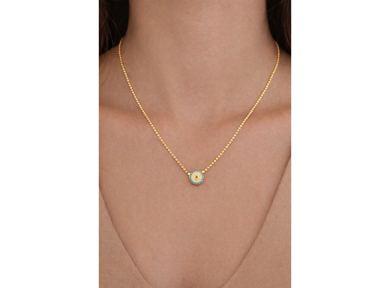 Altın Renk Nazar Boncuğu Detaylı 14K Altın Kaplama Vip Ezme Zincir Kolye