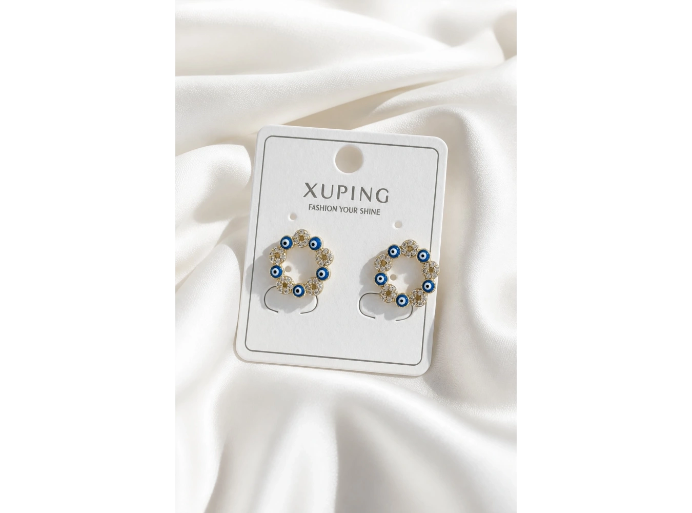 Altın Renk Nazar Boncuğu Detaylı Taşlı Xuping Küpe (Çift)