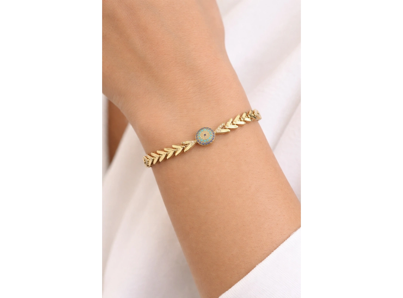 Altın Renk Nazar Boncuğu Figürlü 14K Altın Kaplama VİP Bileklik