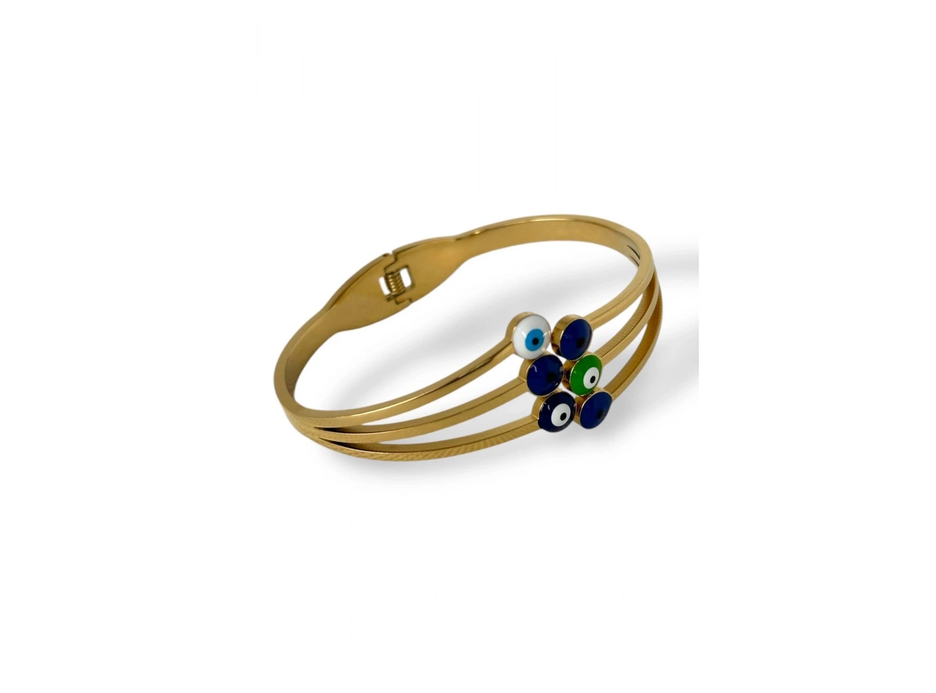 Altın Renk Nazar Boncuğu Figürlü Çelik Kelepçe Bileklik