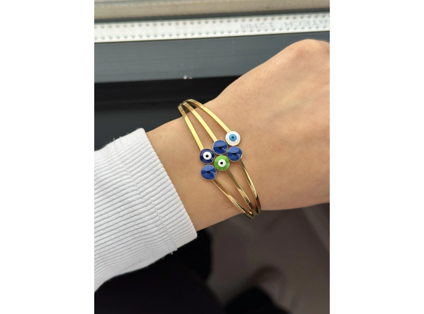 Altın Renk Nazar Boncuğu Figürlü Çelik Kelepçe Bileklik