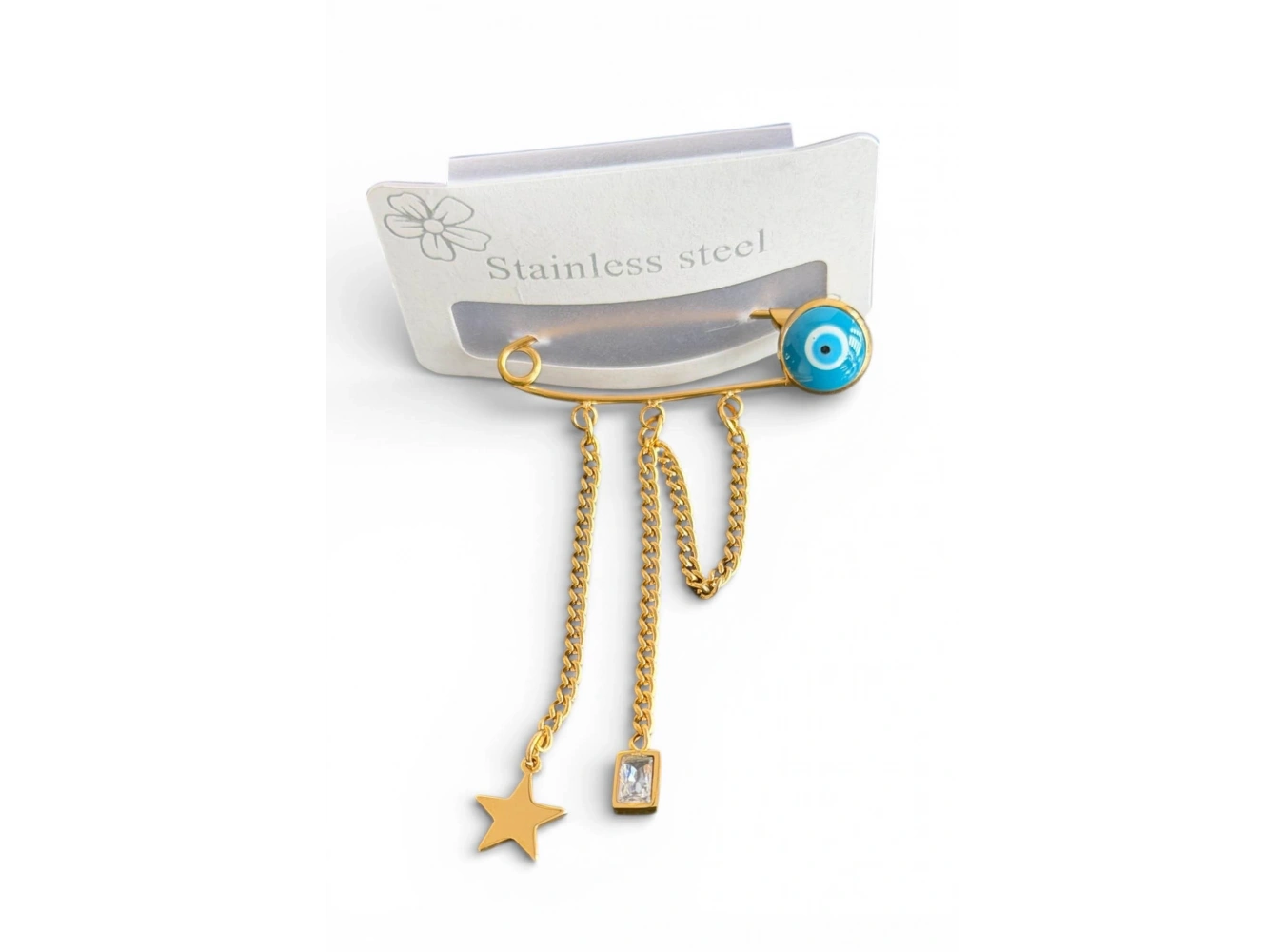 Altın Renk Nazar Boncuk Figürlü Kilitli İğne Figürlü Çelik Küpe (Çift)