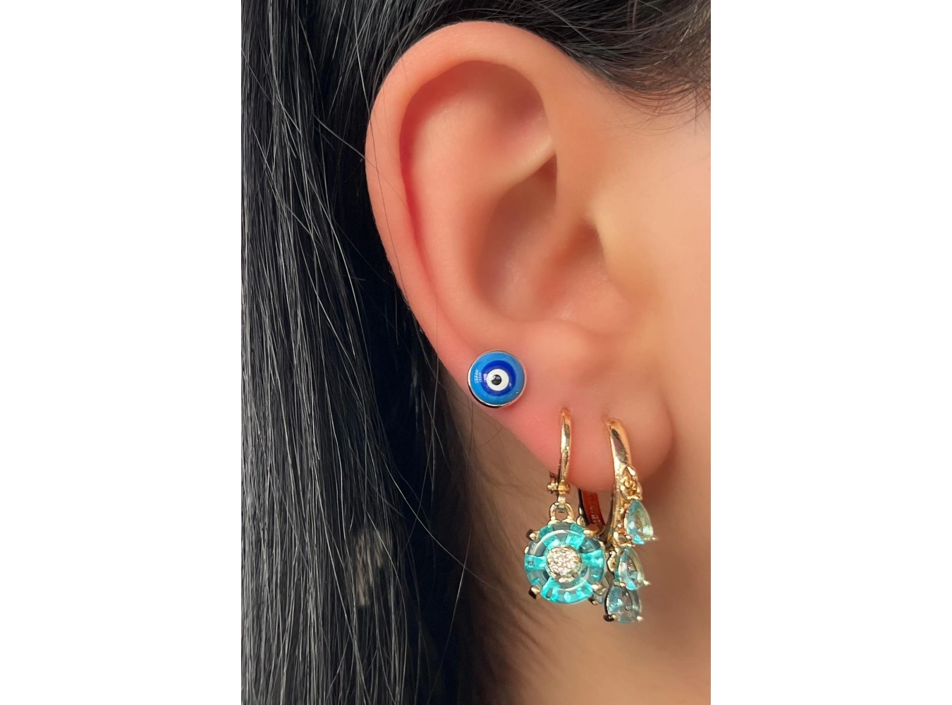 Altın Renk Nazar Boncuk Figürlü Taş Detaylı 3lü YSX Küpe Set