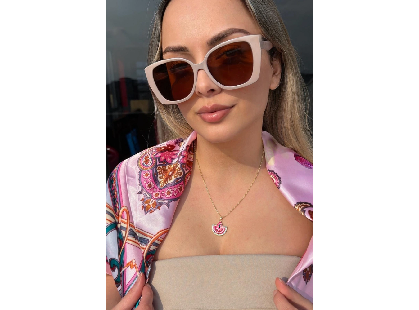 Altın Renk Pembe Mineli 14K Altın Kaplama Kolye