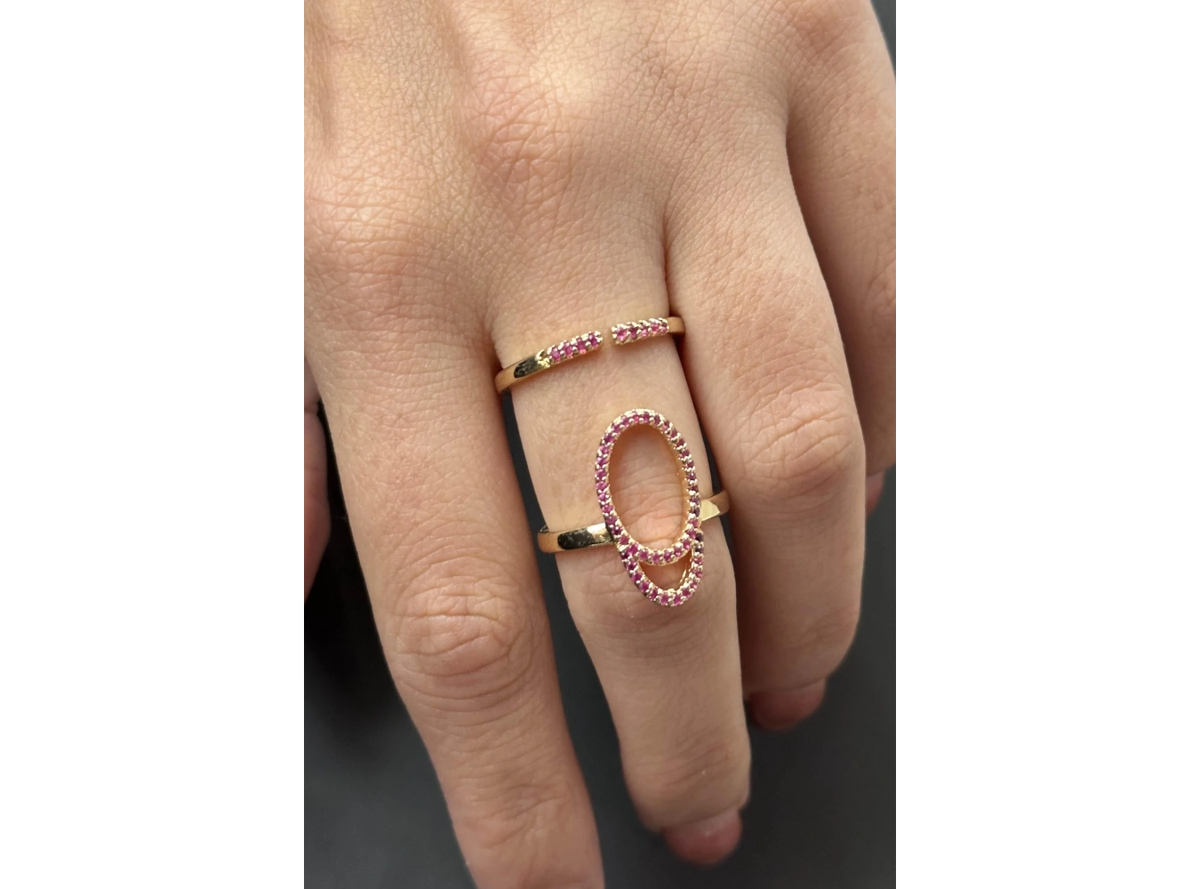 Altın Renk Pembe Taş Detaylı Ayarlanabilir Çelik Yüzük