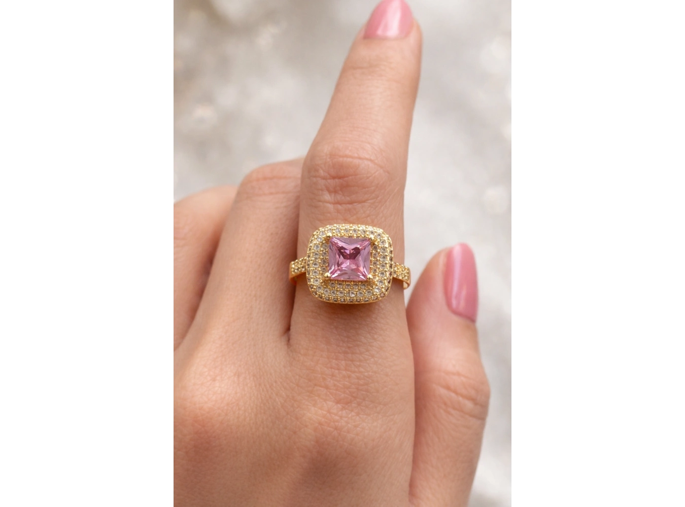 Altın Renk Pembe Taş Detaylı Ayarlanabilir Yüzük