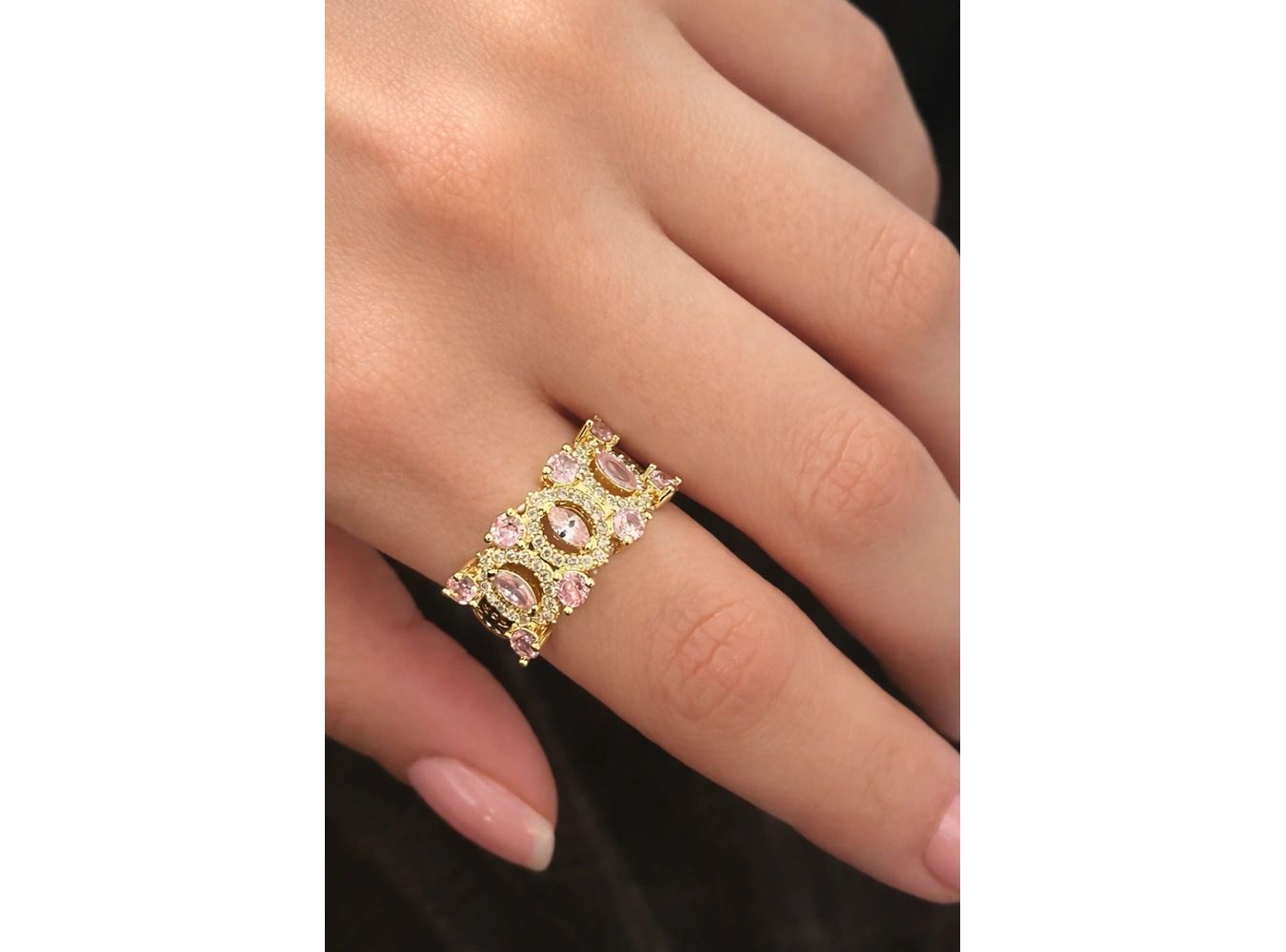 Altın Renk Pembe Taş Detaylı Ayarlanabilir Yüzük