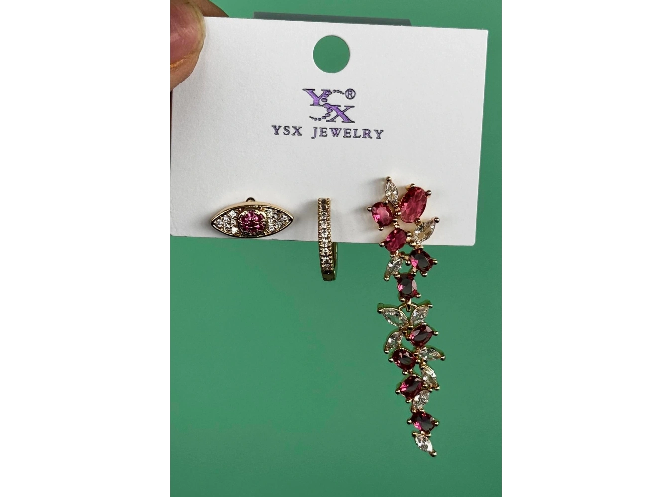 Altın Renk Pembe Taş Detaylı VİP 3lü YSX Küpe Set