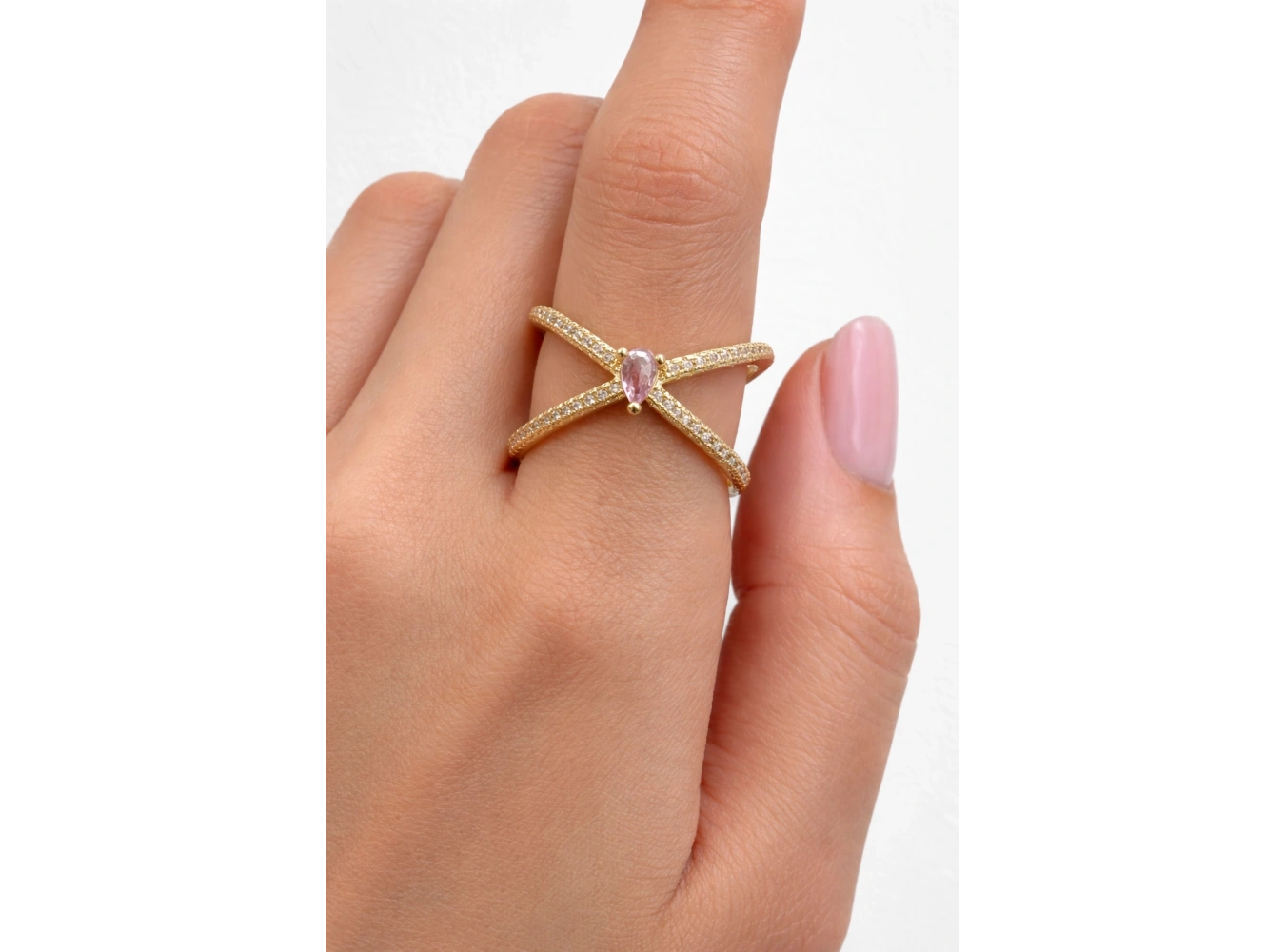 Altın Renk Pembe Taşlı Ayarlanabilir Yüzük