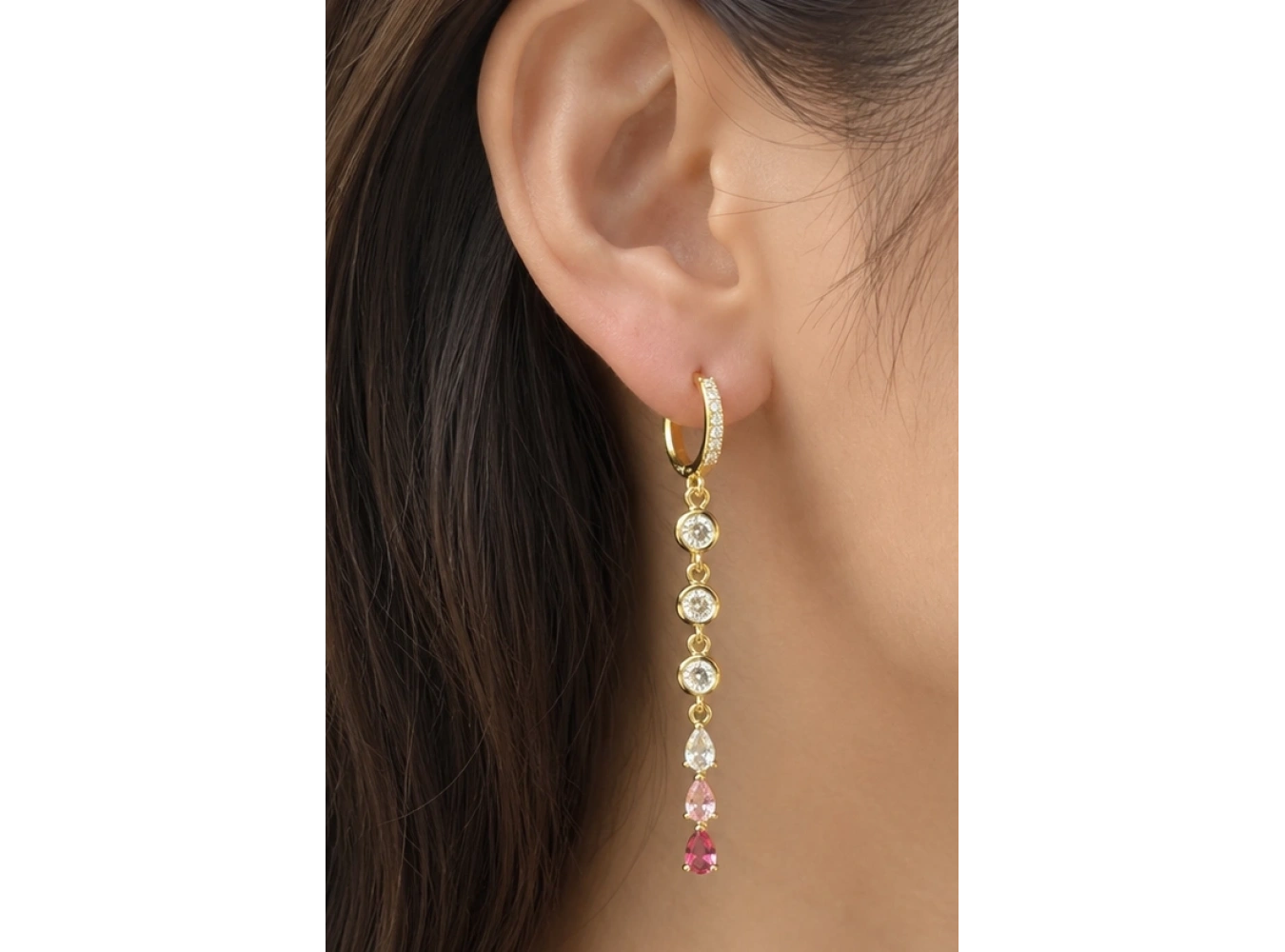 Altın Renk Pembe Taşlı Sallantılı Küpe (Çift)