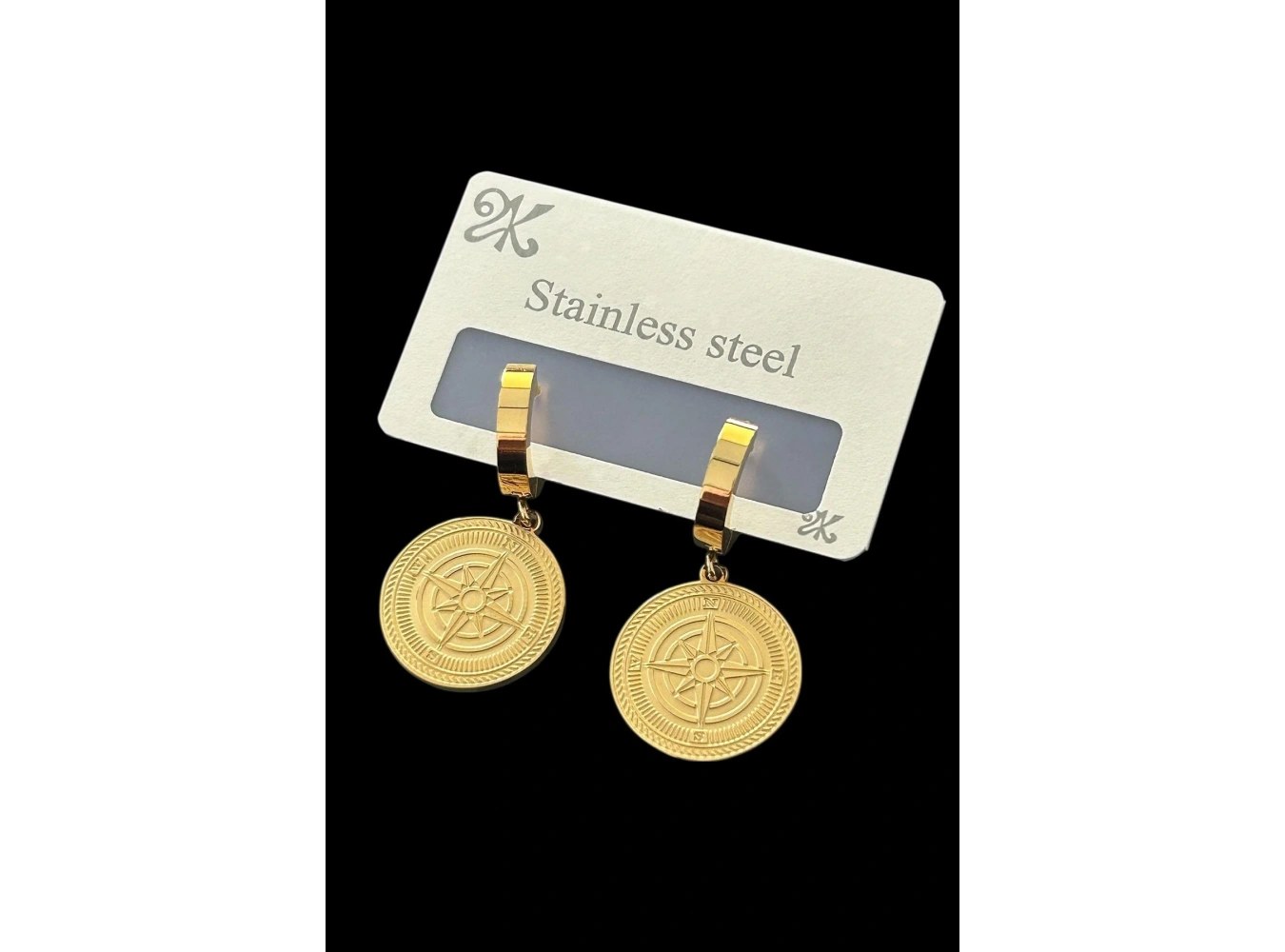 Altın Renk Pusula Figürlü Çelik Küpe (Çift)