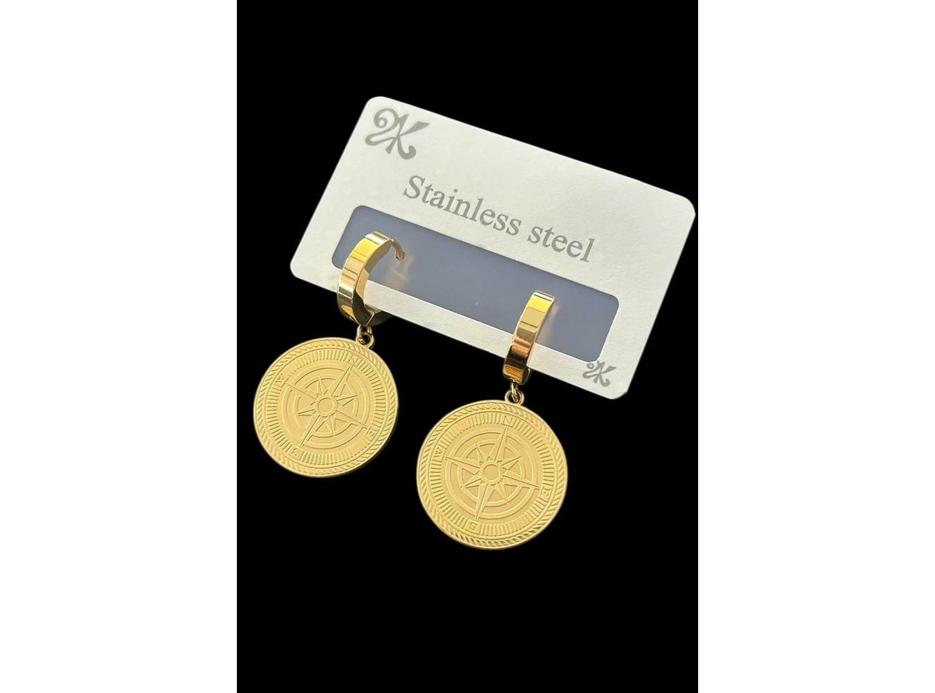 Altın Renk Pusula Figürlü Çelik Küpe (Çift)