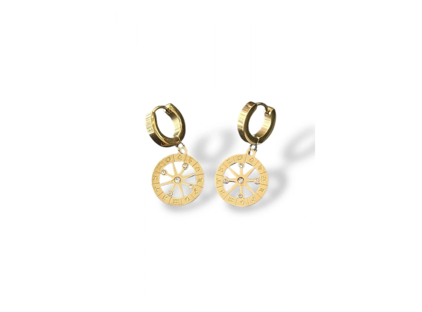 Altın Renk Pusula Figürlü Taş Detaylı Çelik Küpe (Çift)