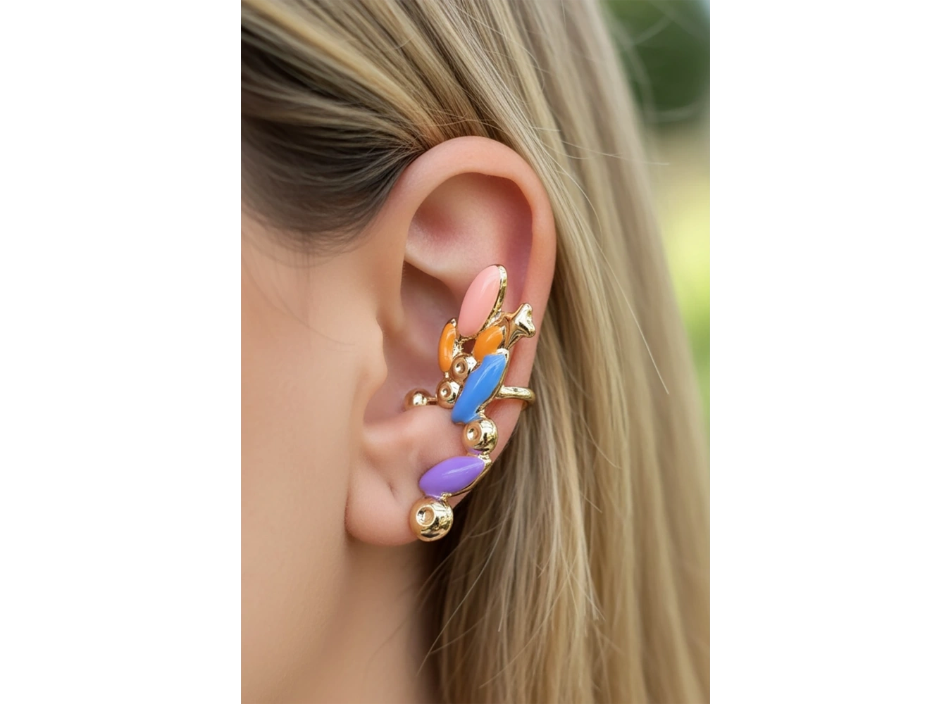 Altın Renk Renkli Taş Detaylı 14K Altın Kaplama TX Ear Cuff (Tek)