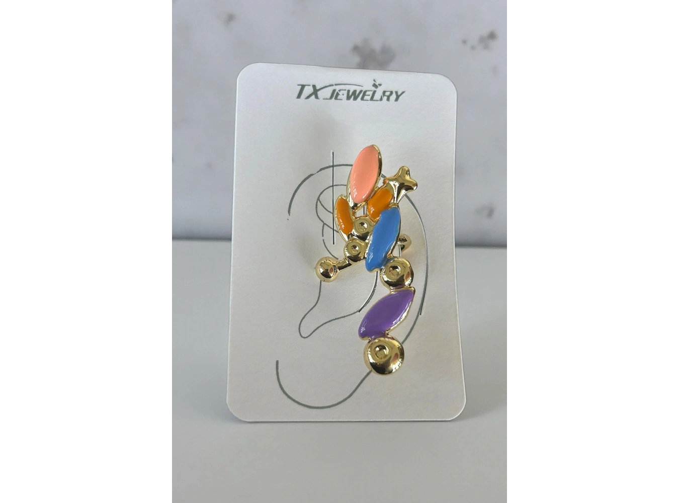 Altın Renk Renkli Taş Detaylı 14K Altın Kaplama TX Ear Cuff (Tek)