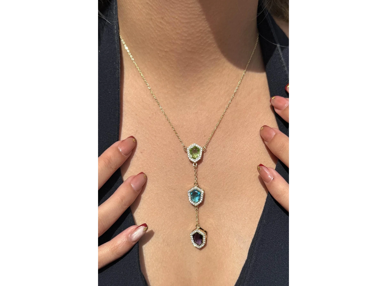 Altın Renk Renkli Taş Detaylı 14k Altın Kaplama TX Kolye