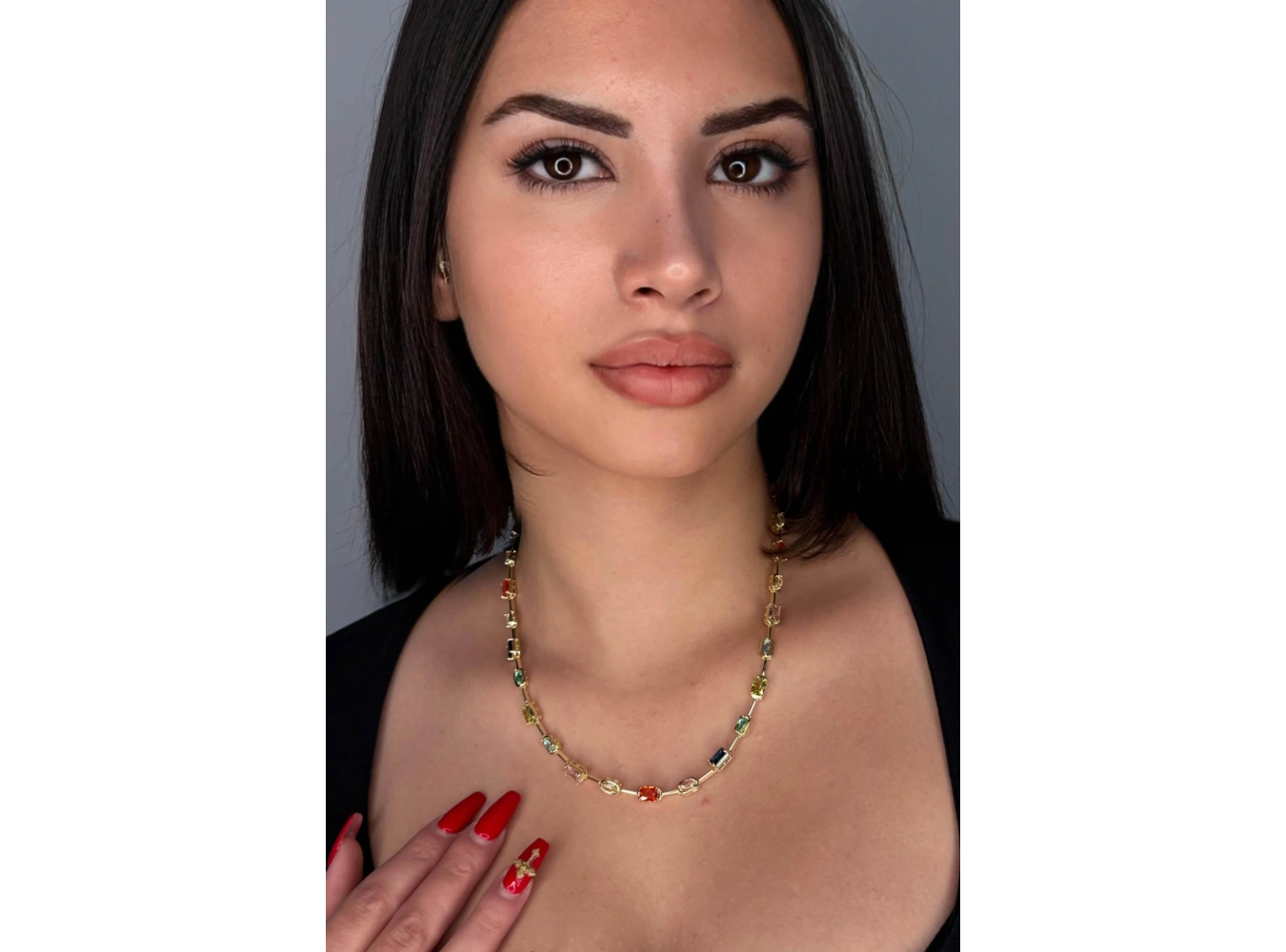 Altın Renk Renkli Taş Detaylı 14K Altın Kaplama VİP Kolye