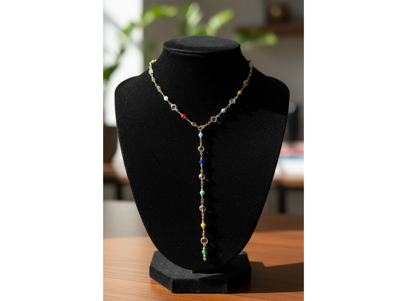 Altın Renk Renkli Taş Detaylı Çelik Y Kolye