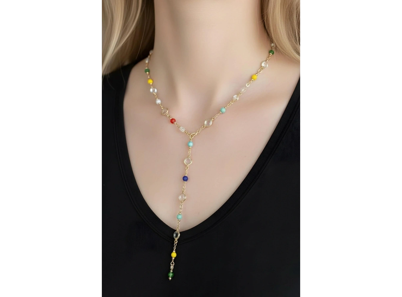 Altın Renk Renkli Taş Detaylı Çelik Y Kolye