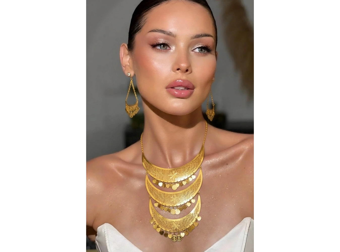 Altın Renk Sallantılı Çelik Kolye Ve Küpe Düğün Kına Nişan Gelin Seti