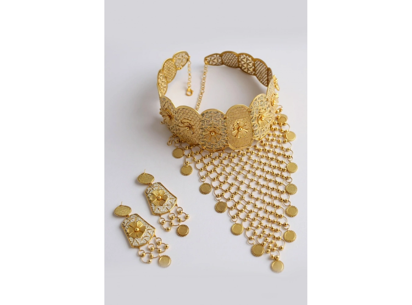 Altın Renk Sallantılı Kolye Ve Küpe Düğün Kına Nişan Gelin Seti