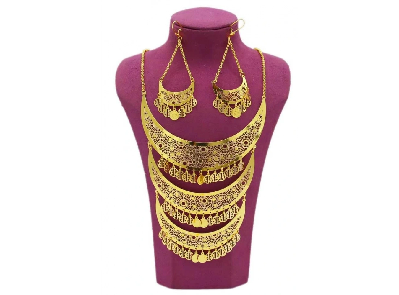 Altın Renk Sallantılı Kolye Ve Küpe Düğün Kına Nişan Gelin Seti