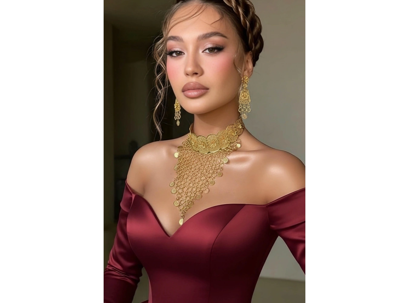 Altın Renk Sallantılı Kolye Ve Küpe Düğün Kına Nişan Gelin Seti