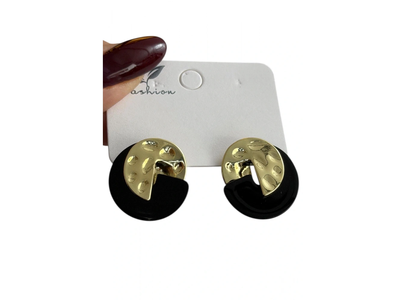 Altın Renk Siyah Detaylı Yuvarlak Küpe (Çift)