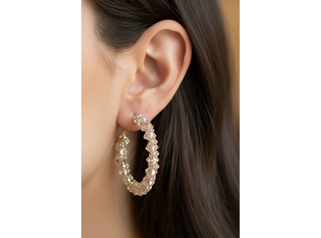 Altın Renk Taş Detaylı 14k Altın Kaplama Halka Küpe (Çift)