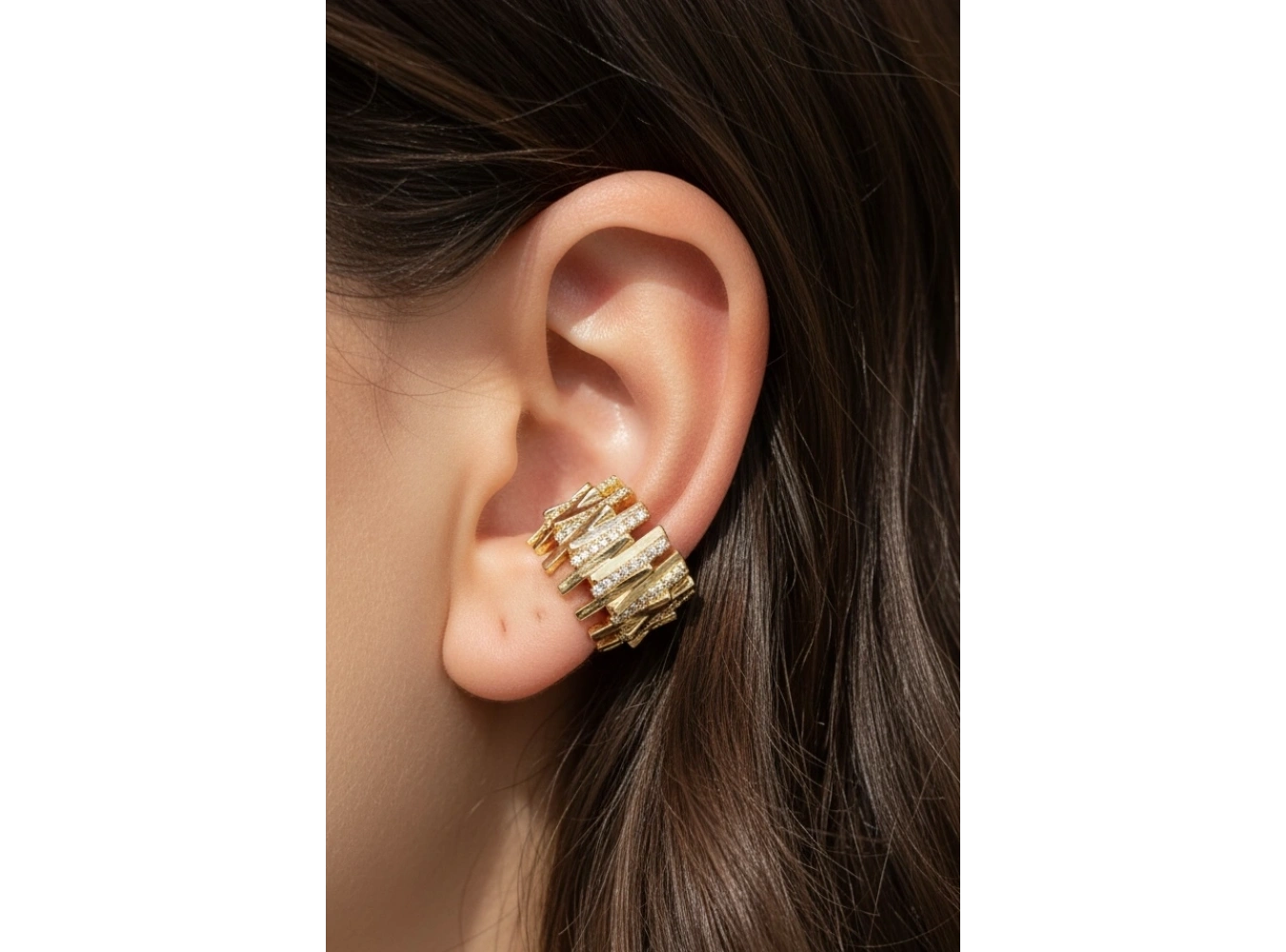 Altın Renk Taş Detaylı 14K Altın Kaplama TX Ear Cuff (Tek)