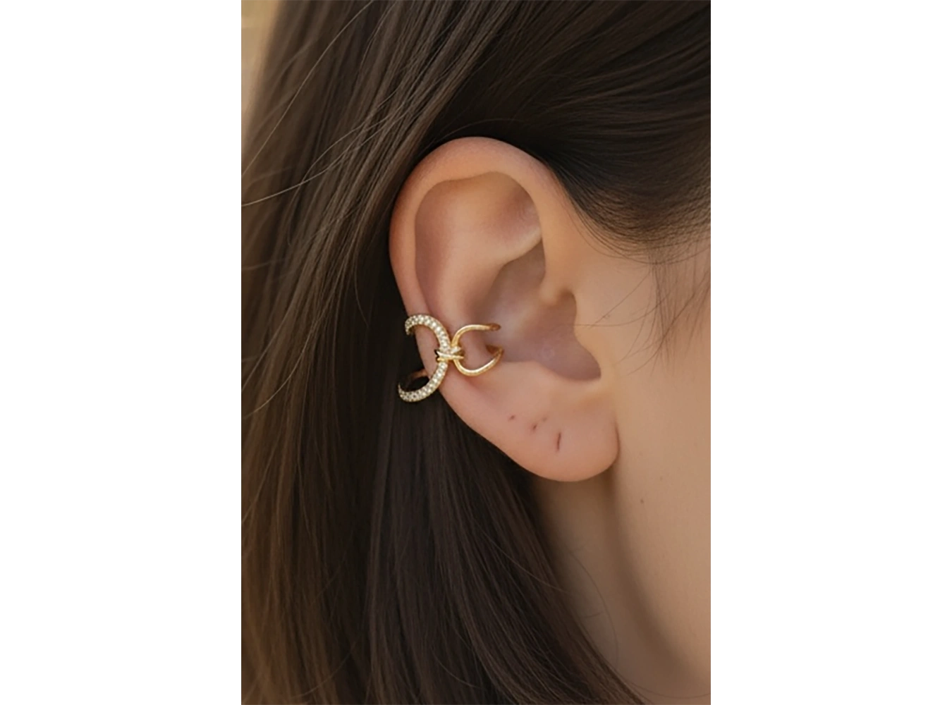 Altın Renk Taş Detaylı 14K Altın Kaplama TX Ear Cuff (Tek)