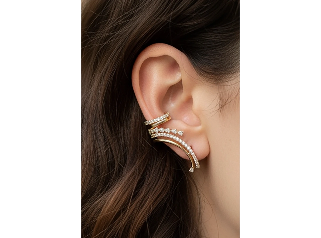 Altın Renk Taş Detaylı 14K Altın Kaplama TX Ear Cuff (Tek)