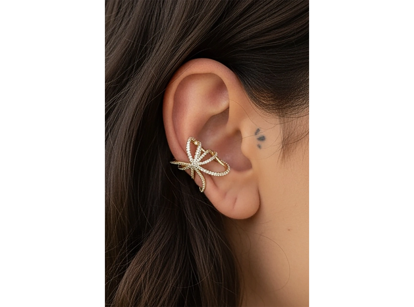 Altın Renk Taş Detaylı 14K Altın Kaplama TX Ear Cuff (Tek)