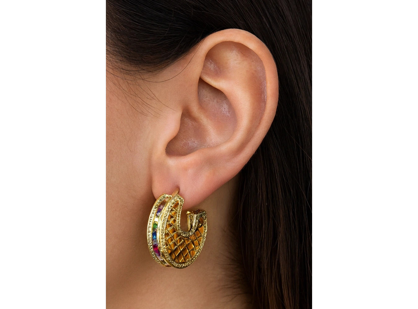 Altın  Renk Taş Detaylı 14K Altın Kaplama TX Halka Küpe (Çift)