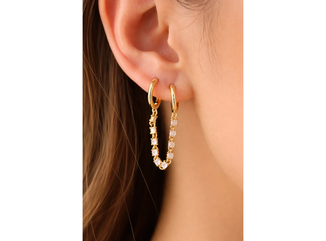 Altın Renk Taş Detaylı 14K Altın Kaplama Tx Küpe (Çift)