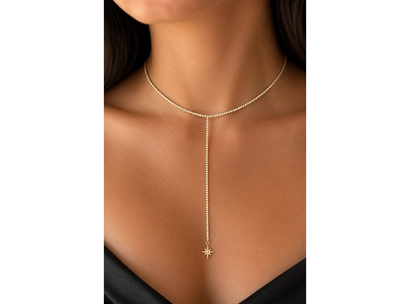 Altın Renk Taş Detaylı 14K Altın Kaplama Vip Choker Kolye