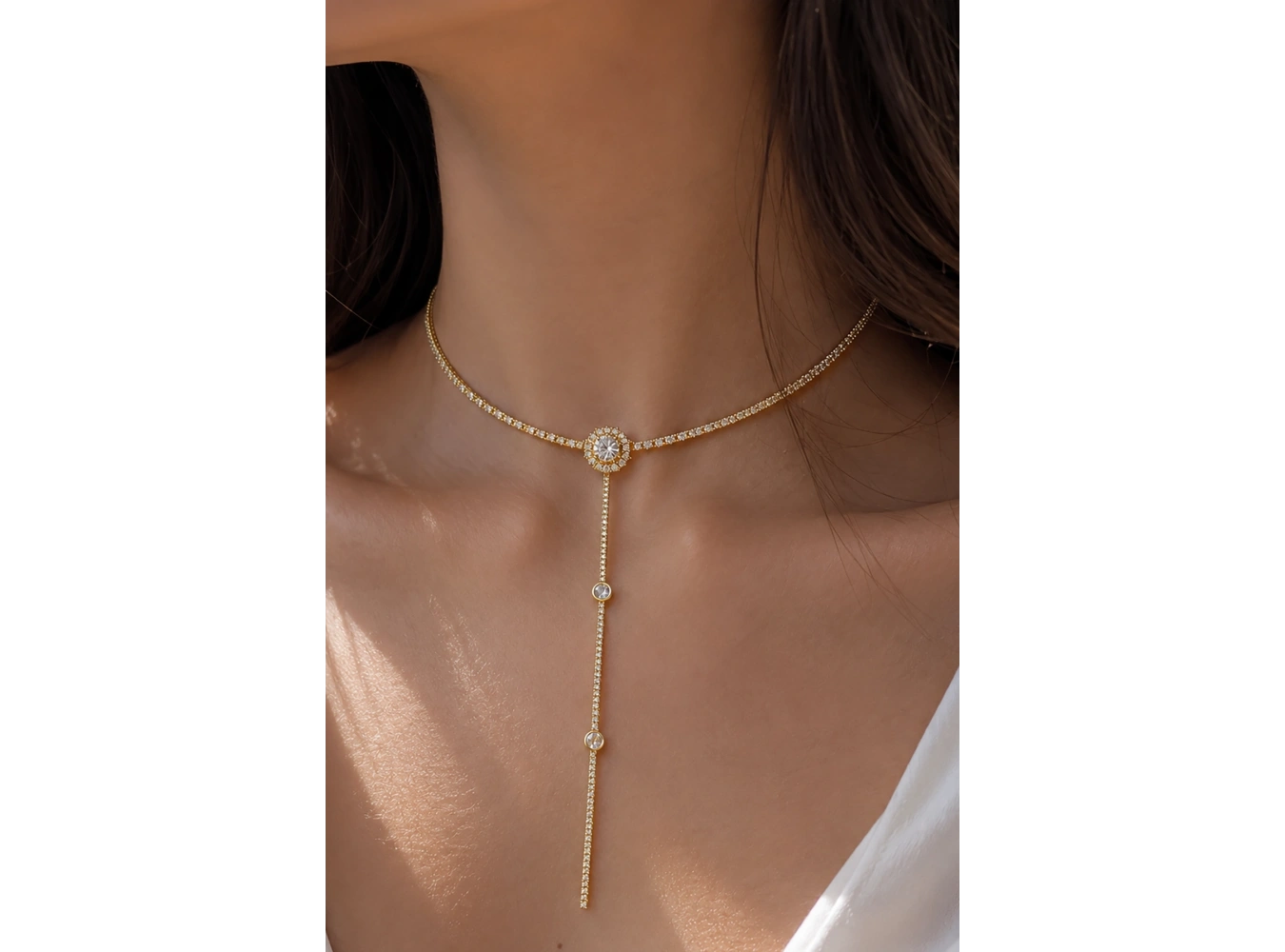 Altın Renk Taş Detaylı 14K Altın Kaplama Vip Choker Kolye