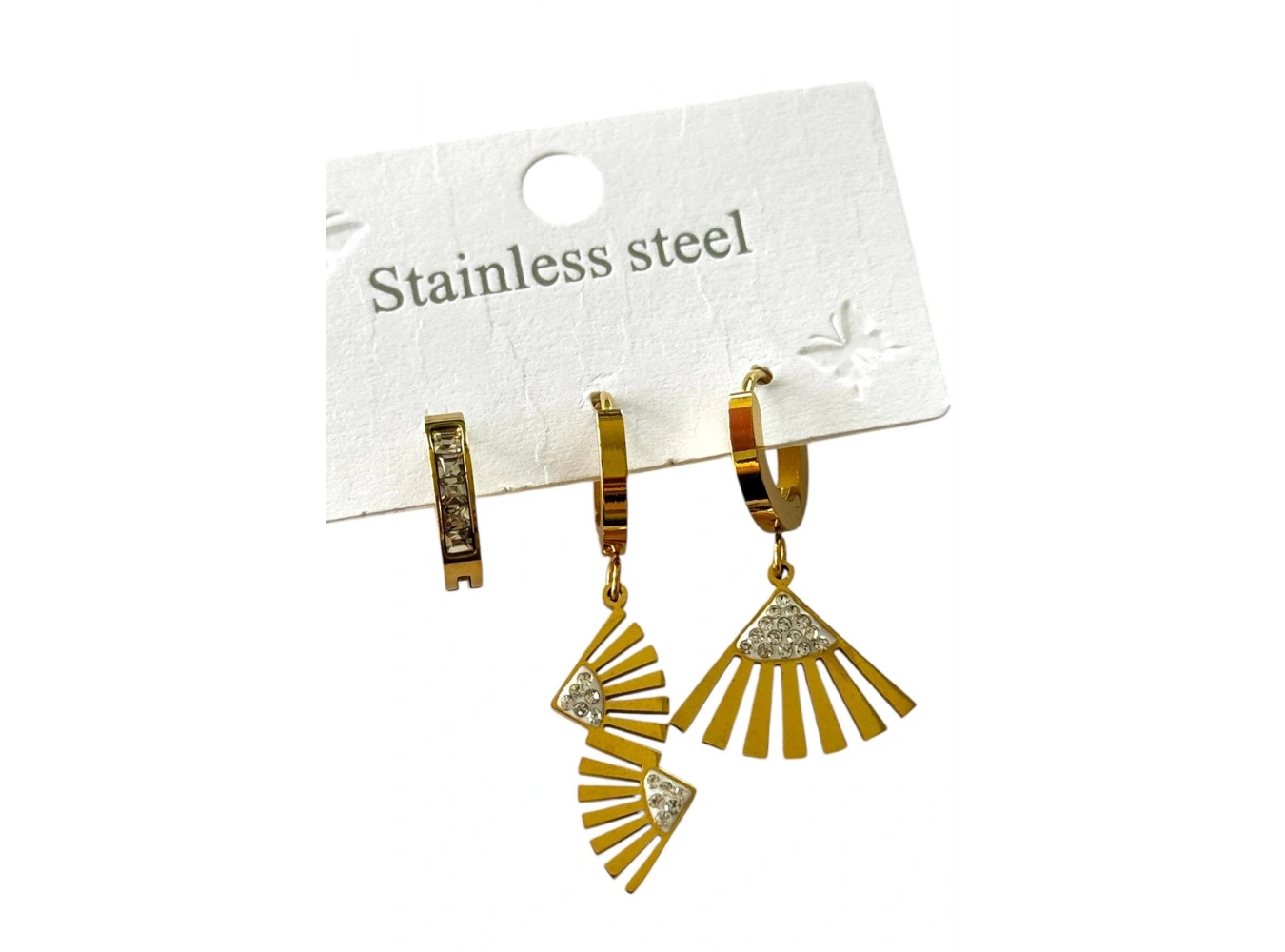 Altın Renk Taş Detaylı 3lü Çelik Küpe