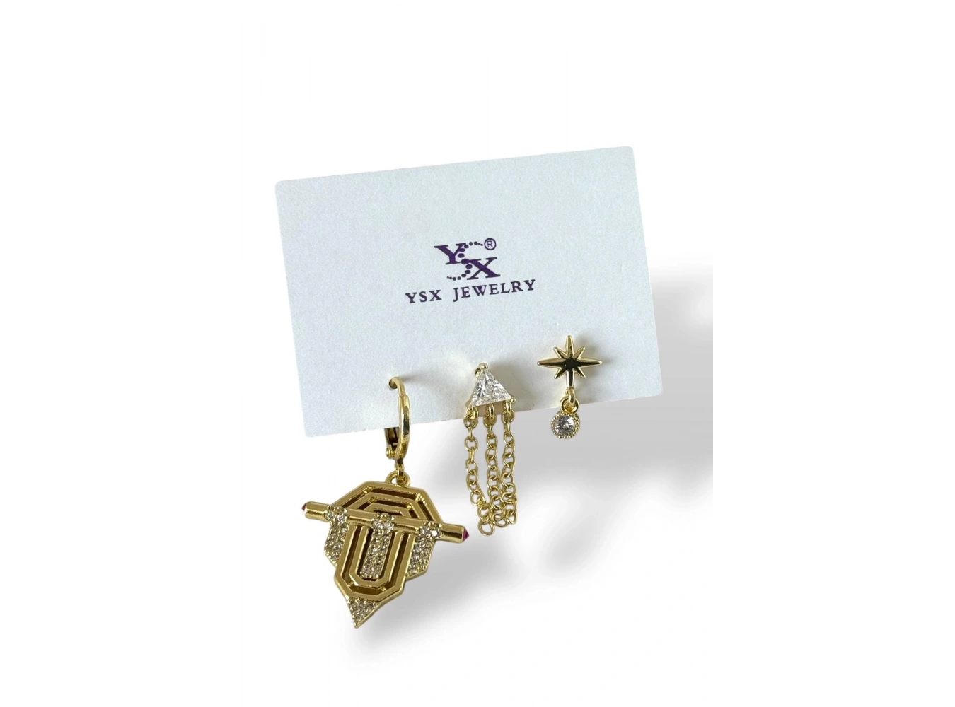 Altın Renk Taş Detaylı 3lü YSX Küpe Set