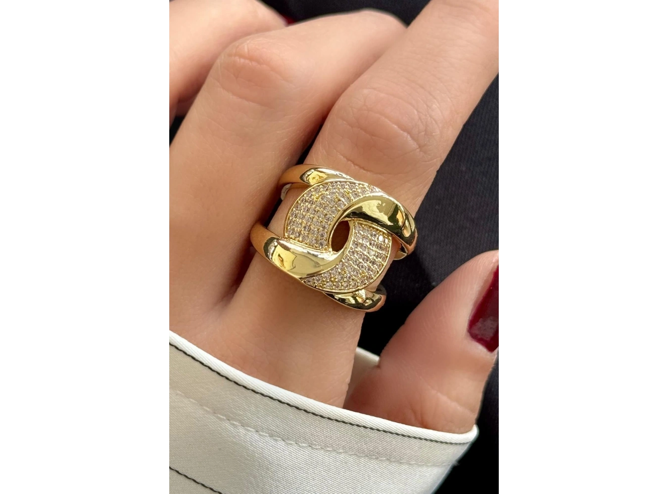 Altın Renk Taş Detaylı Ayarlanabilir Çelik Yüzük