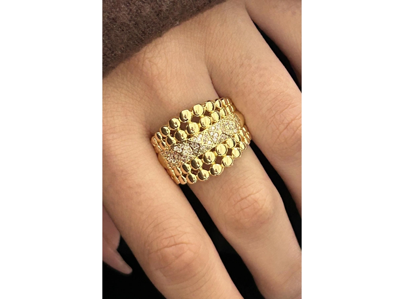 Altın Renk Taş Detaylı Ayarlanabilir Çelik Yüzük