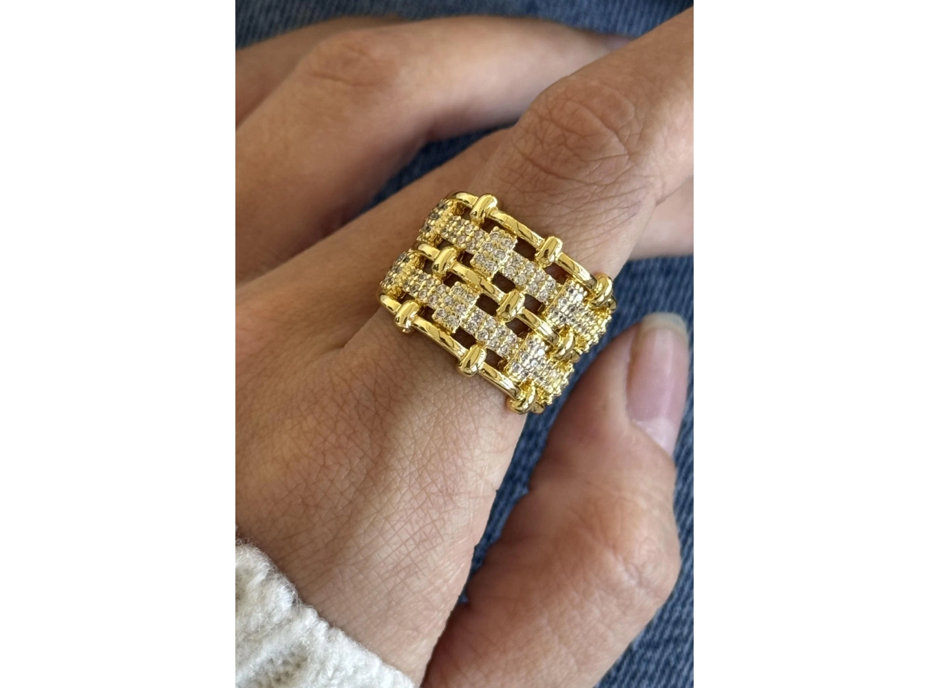 Altın Renk Taş Detaylı Ayarlanabilir Çelik Yüzük